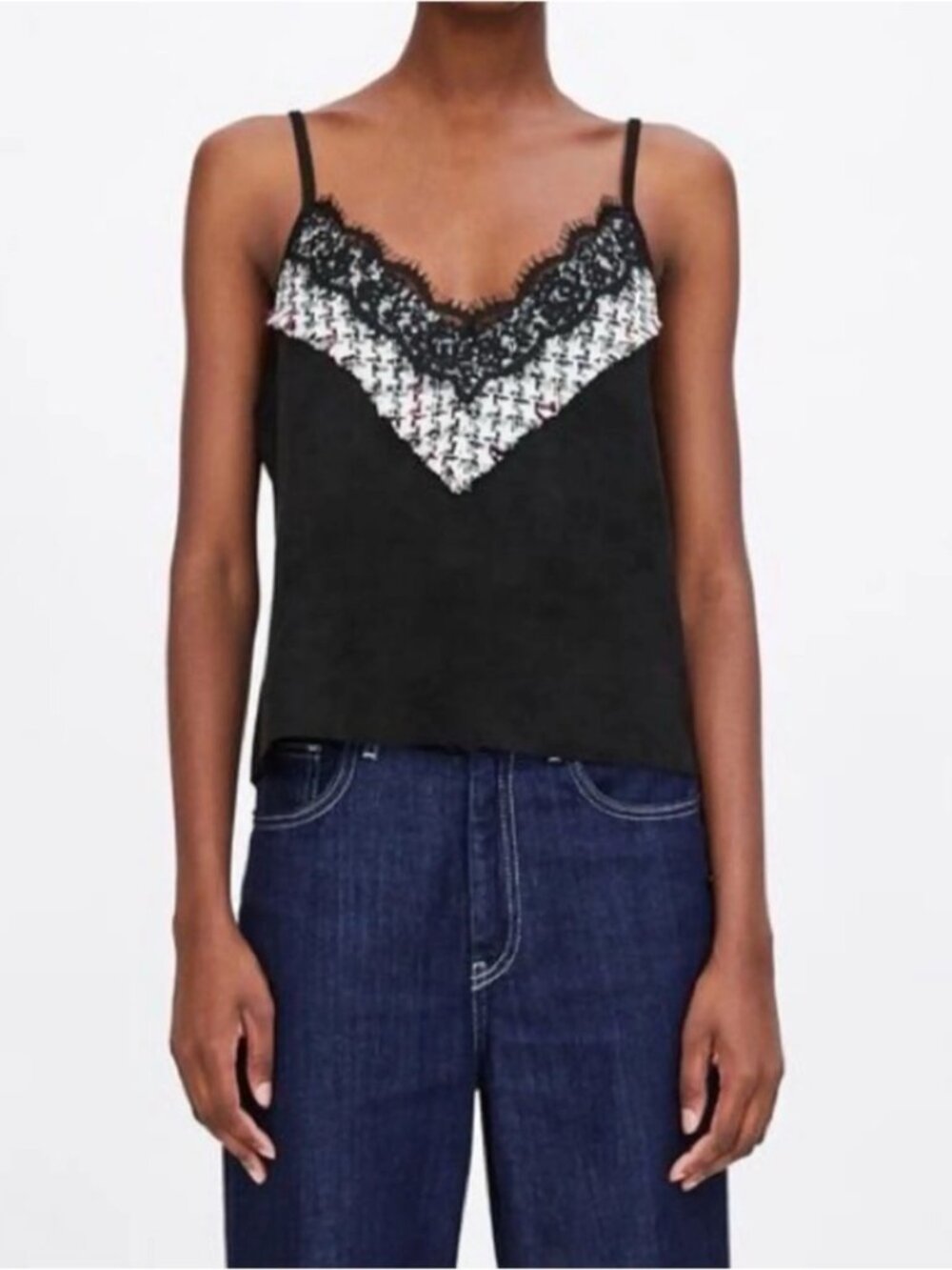Zara Black Faux Suede Camisole Lace Cami Sleeveless Tank Top Size Large New NWT